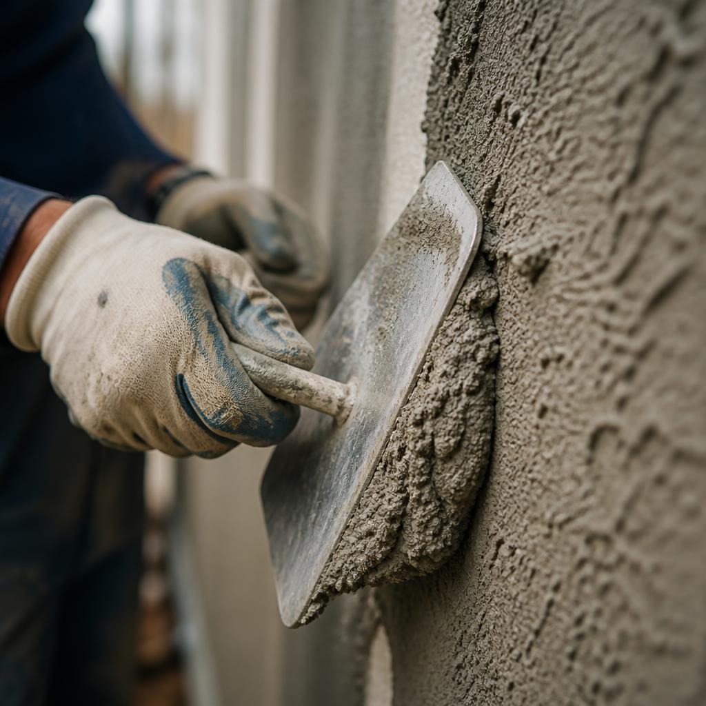 Master mason hand troweling stucco onto a wall